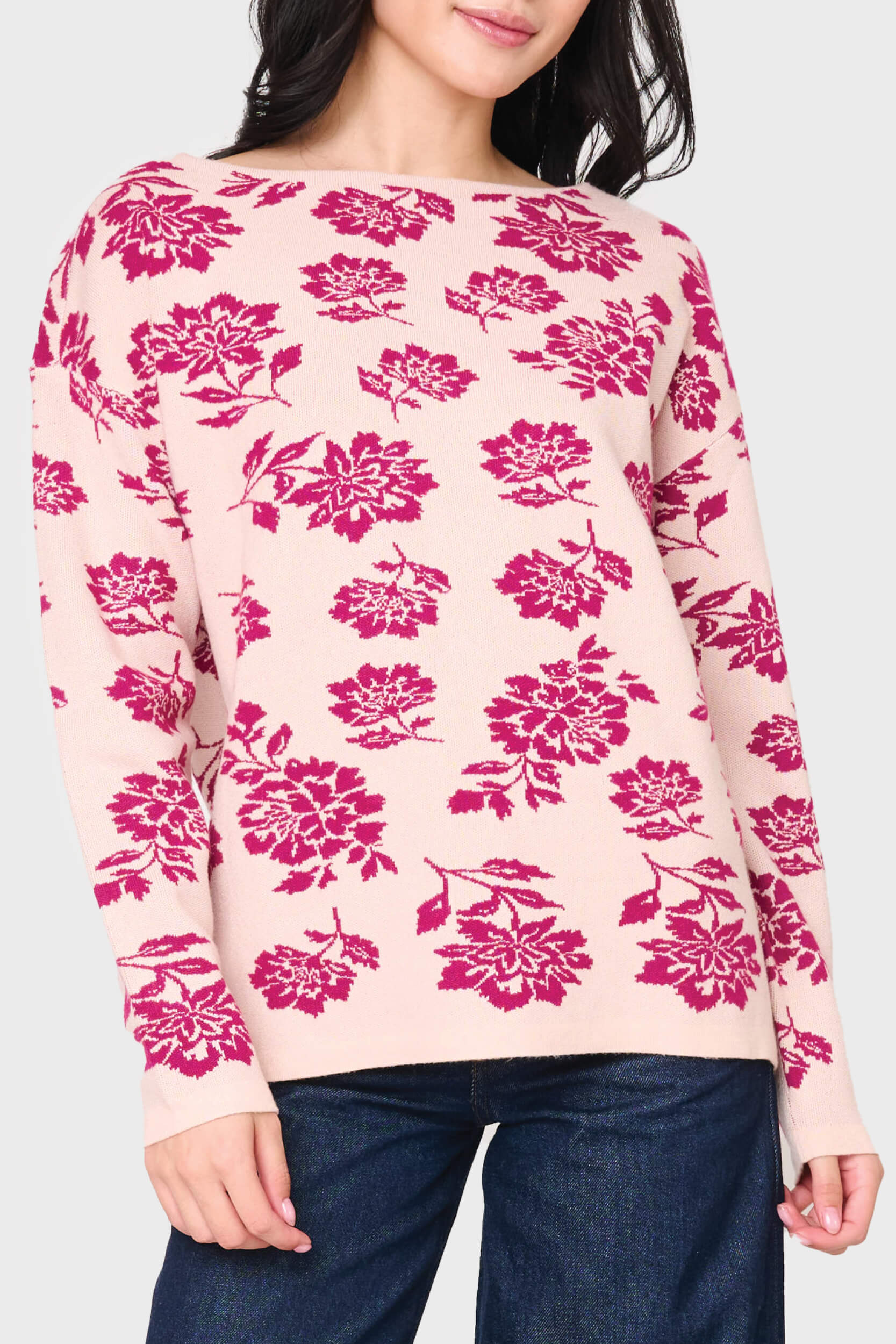 Woman modeling Intarsia Slouchy Luxe Sweater in Cerise Pink floral styled business casual for work