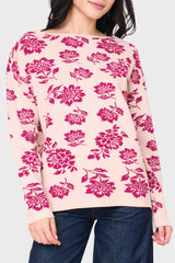 Woman modeling Intarsia Slouchy Luxe Sweater in Cerise Pink floral styled business casual for work