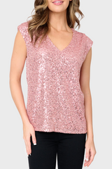 Woman modeling Sparkle And Shine Favorite V-Neck Sequin Tee Pink styled for holiday parties
