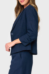Notch Collar Linen Blazer with Rouched Sleeve