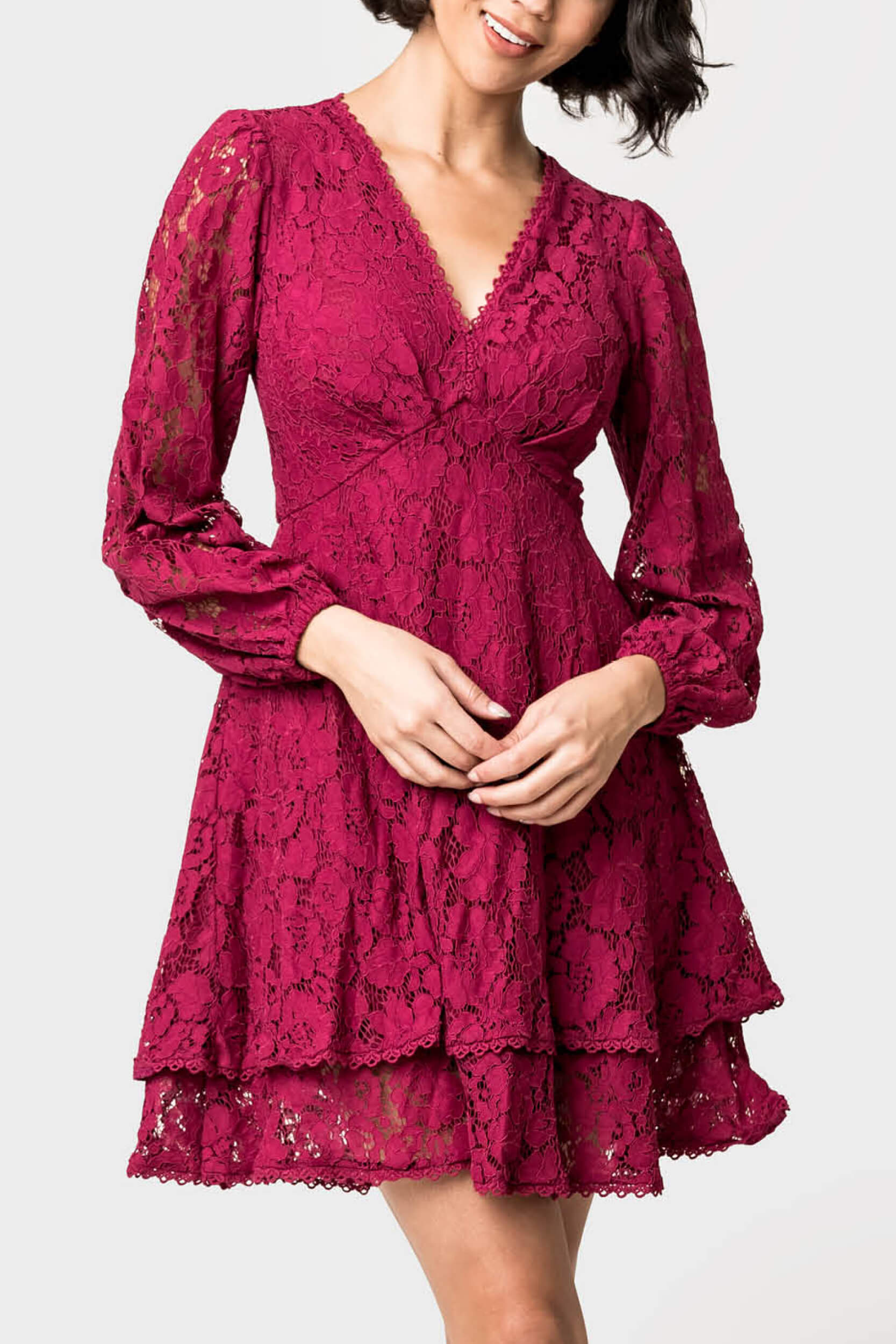 Fit and Flare Lace Dress with Layered Skirt - Winterberry / XXS