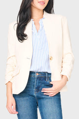 Women modeling Cinched Sleeve Notch Neck Blazer in ivory beige styled for warm weather work and weekends