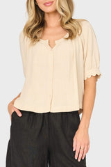 Lily Scallop Puff Sleeve Linen Top