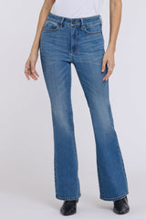 woman modeling NYDJ Felicity Flared Jeans in Privet styled for work to weekend