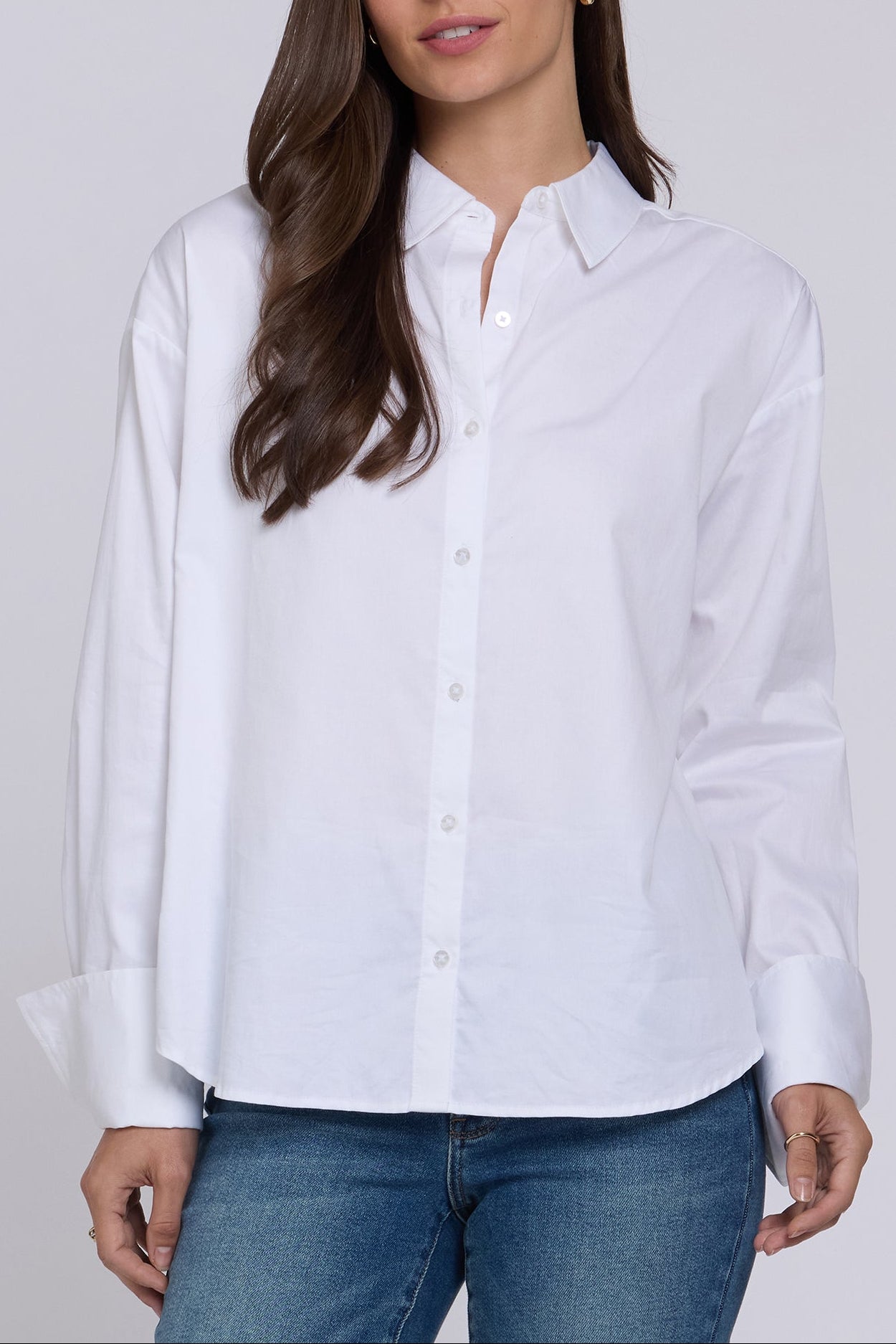 woman modeling Daphne Shirt in Optic White styled for work and weekends
