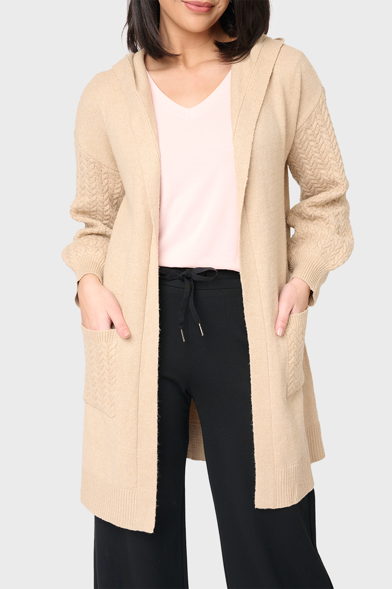 Fishtail Cable Knit Open Hoody Sweater Light Camel XS