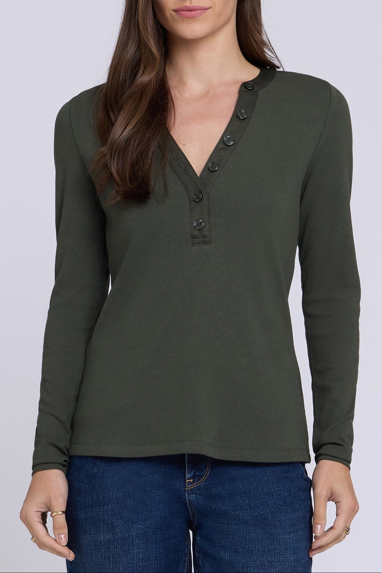 woman modeling NYDJ Emery Ribbed Henley in True Olive styled for everyday casual