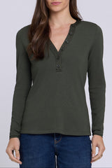 woman modeling NYDJ Emery Ribbed Henley in True Olive styled for everyday casual