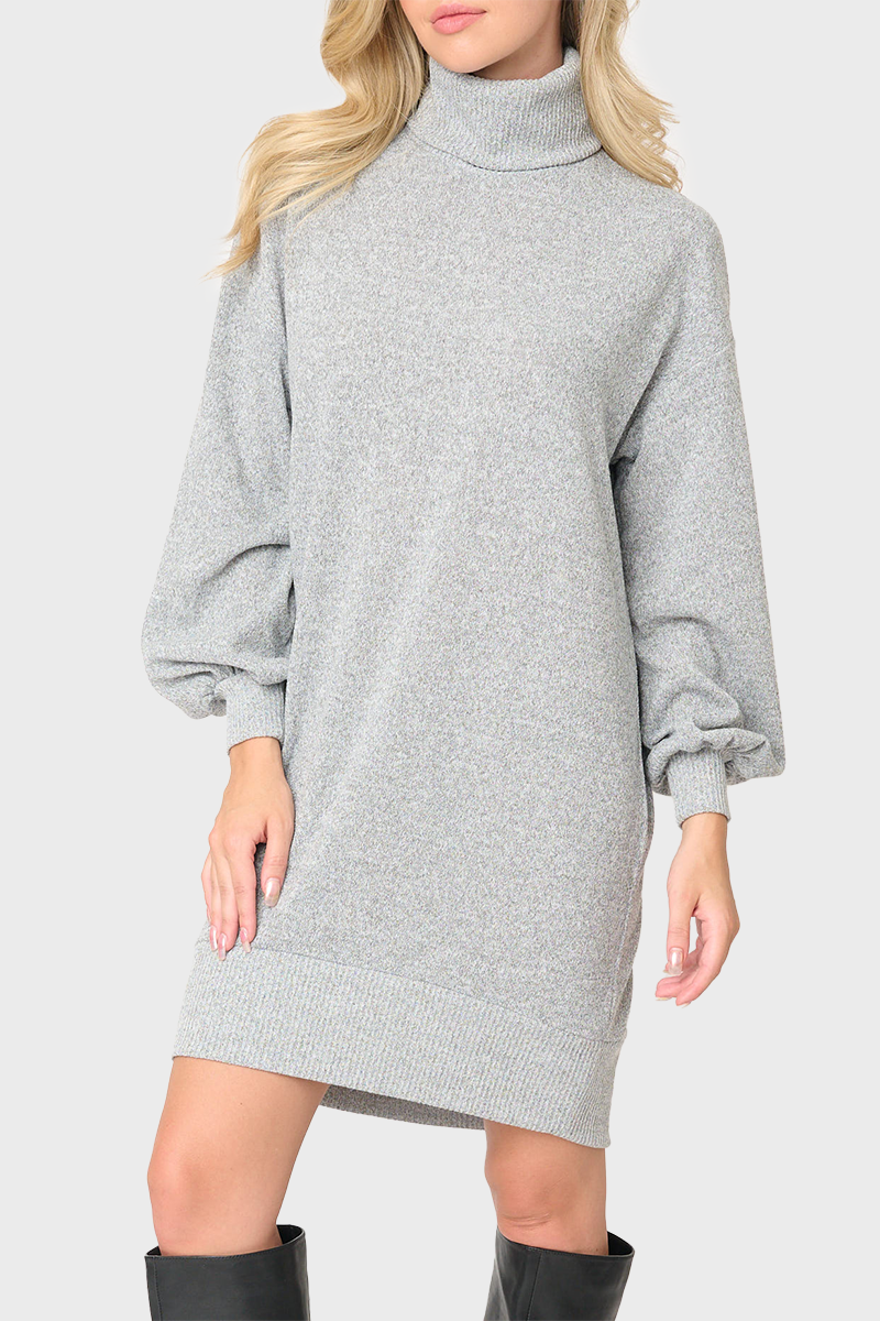 Woman modeling Blouson Sleeve Turtleneck Sweater Dress in heather grey styled casual