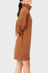 Side of Woman modeling Blouson Sleeve Turtleneck Sweater Dress in Saddle Brown styled everyday casual