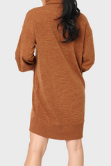 Back of Woman modeling Blouson Sleeve Turtleneck Sweater Dress in Saddle Brown styled everyday casual