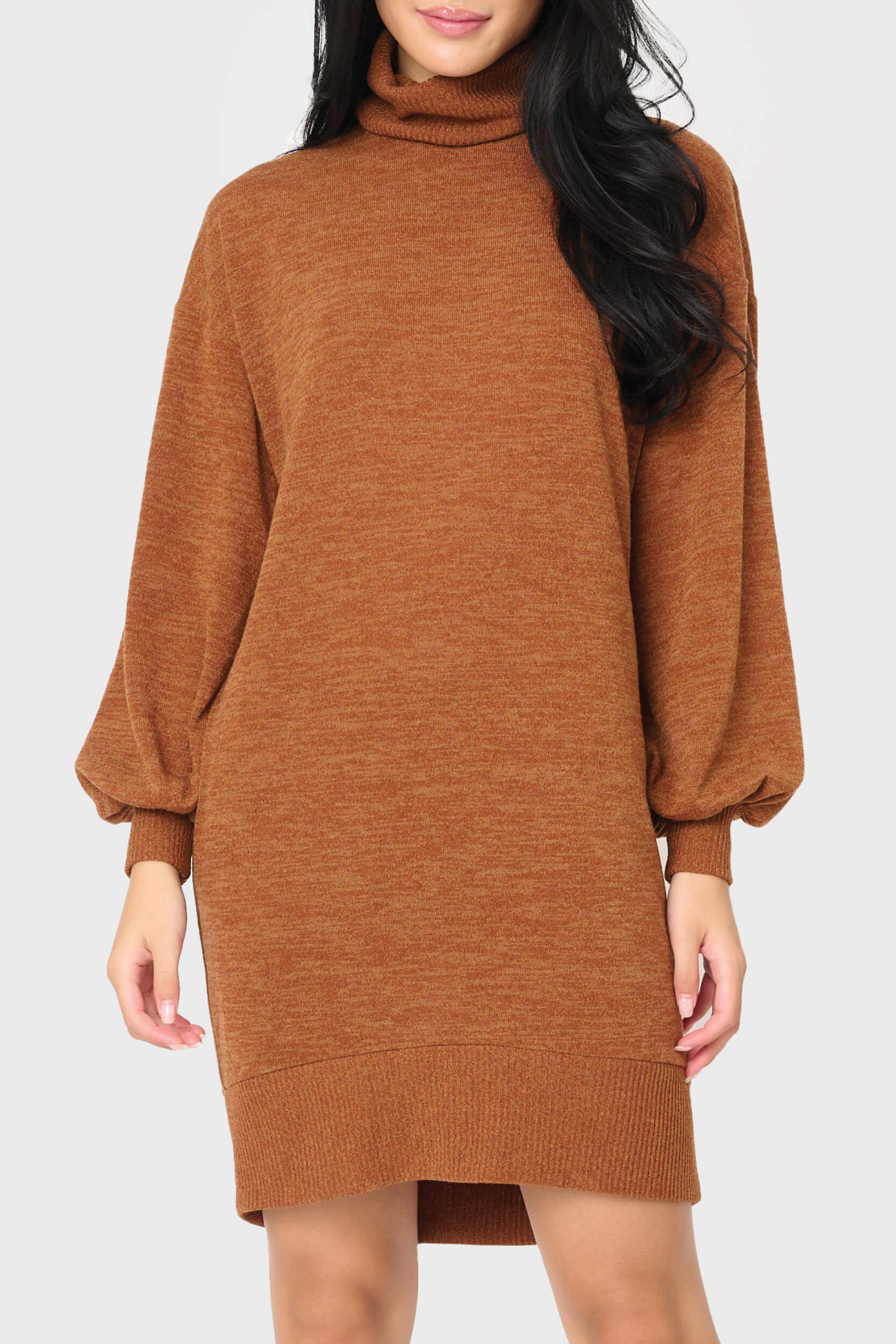 Woman modeling Blouson Sleeve Turtleneck Sweater Dress in Saddle Brown styled everyday casual