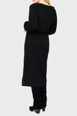 Back of Woman modeling Long Sleeve V-Neck Midi Sweater Dress in Black styled business casual for work