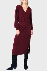 Woman modeling Long Sleeve V-Neck Midi Sweater Dress in Red Wine Bugundy styled for work and weekends