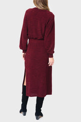 Back of Woman modeling Long Sleeve V-Neck Midi Sweater Dress in Red Wine Bugundy styled for work and weekends