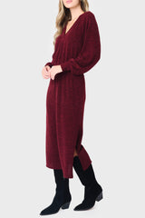 Side of Woman modeling Long Sleeve V-Neck Midi Sweater Dress in Red Wine Bugundy styled cozy and chic