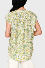 Back view of Woman modeling Cap Sleeve Notch Neck Blouse in Secret Garden Floral