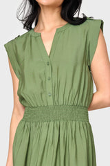 Woman modeling Lindsey Utility Maxi Dress in Vineyard Green henley button neckline detail