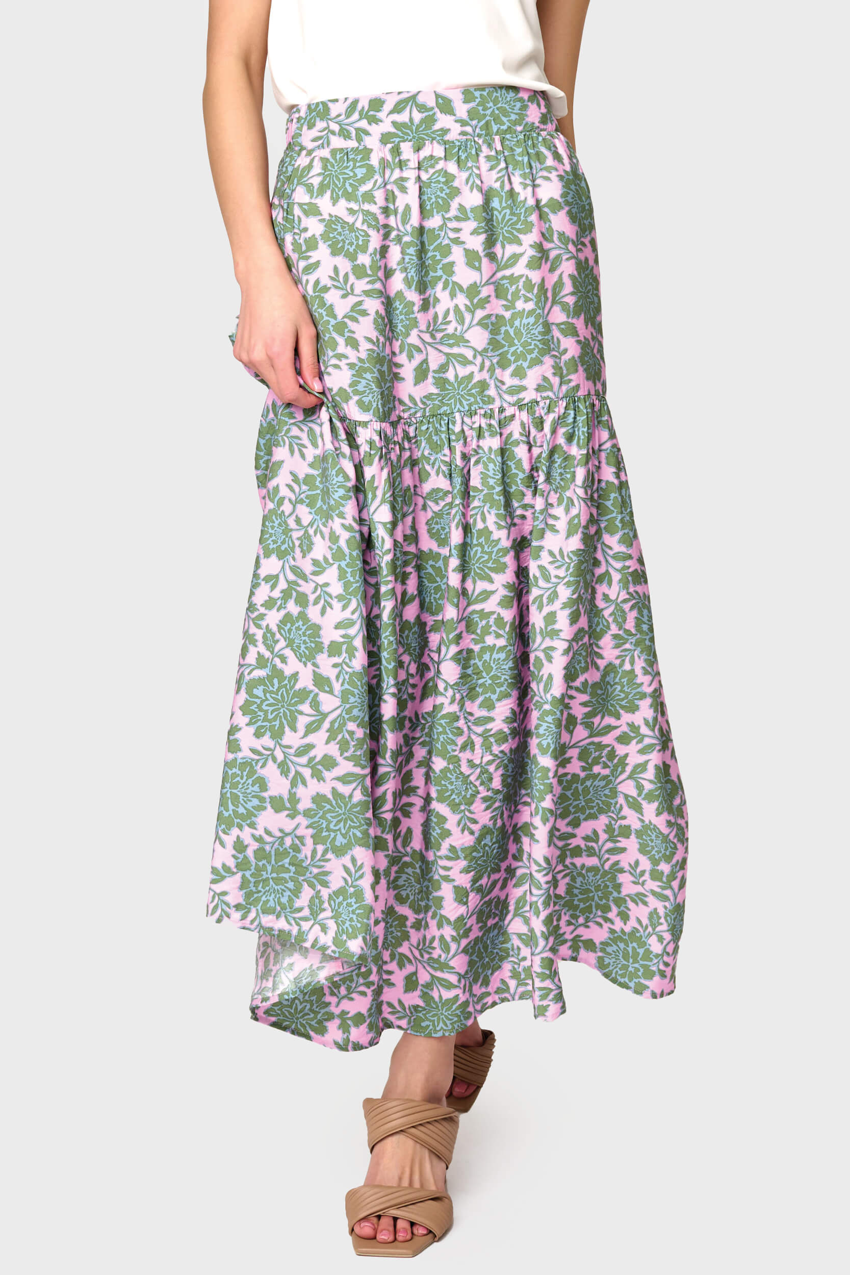 Woman modeling Playa Tiered Maxi Skirt in Rose Garden Floral styled with sandals