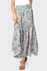 Woman modeling Playa Tiered Maxi Skirt in Rose Garden Floral styled with sandals