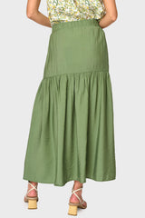 Back view of Woman modeling Playa Tiered Maxi Skirt in Vineyard Green styled with sandals