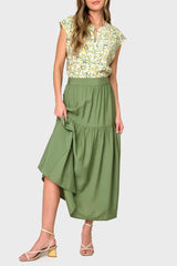 Full view of Woman modeling Playa Tiered Maxi Skirt in Vineyard Green styled with casual top and sandals