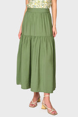 Woman modeling Playa Tiered Maxi Skirt in Vineyard Green styled with sandals