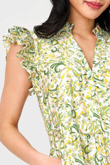 Woman modeling Flutter Sleeve Decked Out Day Dress in Secret Garden print split neck detail