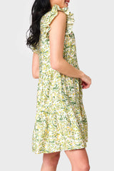 Side view of Woman modeling Flutter Sleeve Decked Out Day Dress in Secret Garden print