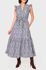 Notch Neck Flutter Sleeve Maxi Dress