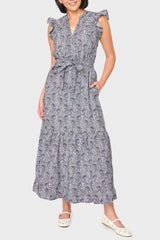 woman modeling Notch Neck Flutter Sleeve Maxi Dress in midnight vine floral styled for work and summer occasions