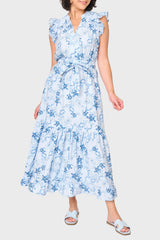 woman modeling Notch Neck Flutter Sleeve Maxi Dress in soft sky blue floral styled for weekends and summer outings
