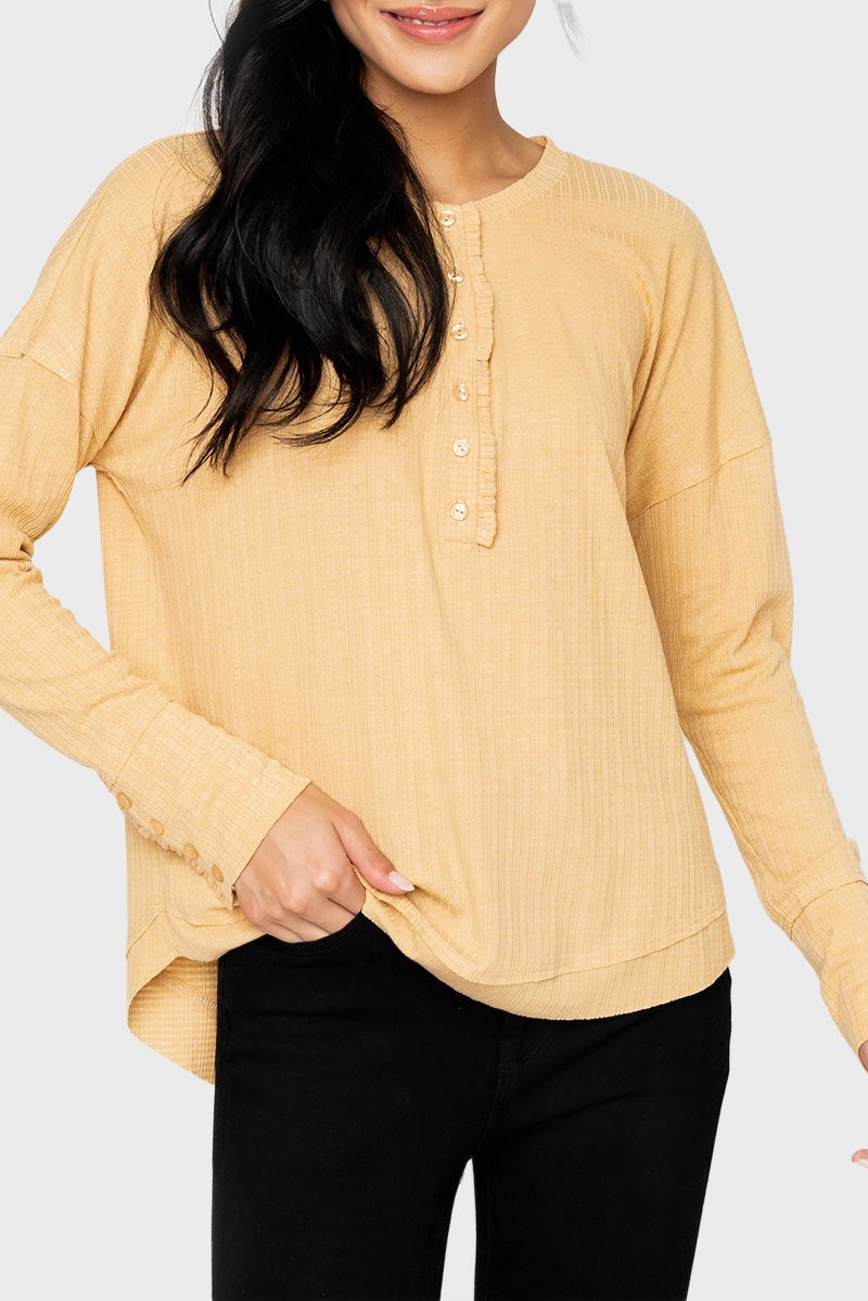 Ruffle Trim Pointelle Knit Henley Top – Gibsonlook