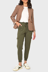 Woman modeling Essential Soft Ponte Cargo Jogger in green styled with a blazer