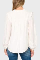 Smocked Yoke Tie Neck Blouson Sleeve Blouse