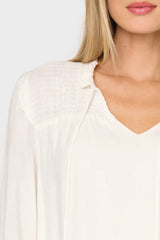 Smocked Yoke Tie Neck Blouson Sleeve Blouse