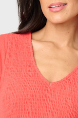 Detail of Woman modeling Flutter Sleeve Smocked V-Neck Tiered Maxi Dress in Tangerine Orange