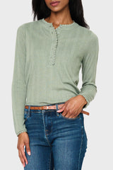 Woman modeling Ava Crochet Trim Pointelle Henley Top in sea spray green style business casual for work