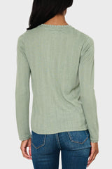 Woman modeling Ava Crochet Trim Pointelle Henley Top in sea spray green style business casual for work