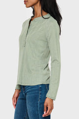 Side of Woman modeling Ava Crochet Trim Pointelle Henley Top in sea spray green style business casual for work