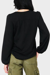 Back of Woman modeling V-Neck Blouson Sleeve Sweater Top in Black styled everyday casual