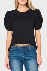 woman modeling Twist Sleeve Luxe Tee in black styled for work and weekend