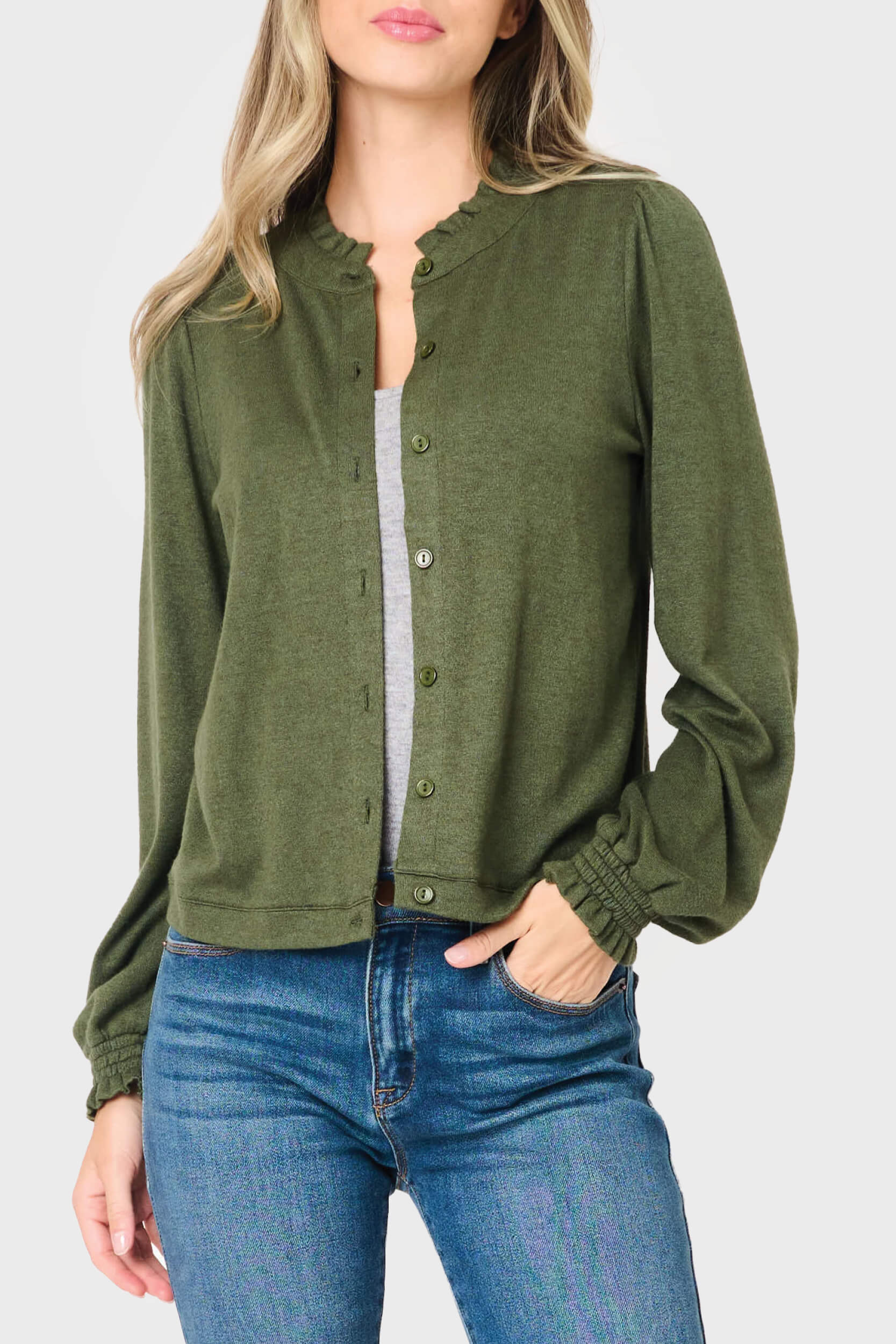 Woman modeling Feminine Mock Neck Luxe Cardigan in Olive Green styled for business casual work