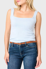 Woman modeling Feminine Luxe Sweater Tank in Cashmere light blue styled business casual