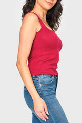 Side of Woman modeling Feminine Luxe Sweater Tank in Cranberry red styled casual for everyday