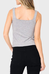 Back of Woman modeling Feminine Luxe Sweater Tank in Heather Grey styled comfy casual
