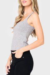 Side of Woman modeling Feminine Luxe Sweater Tank in Heather Grey styled comfy casual