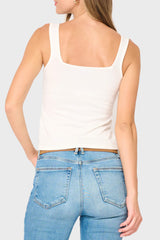 Back of Woman modeling Feminine Luxe Sweater Tank in Ivory white styled business casual