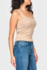 Side of woman wearing Feminine Luxe Sweater Tank in Oatmeal sand beige
