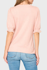 Back of woman modeling Lace Trim V-Neck Luxe Sweater Top in pink smoke style business casual for work